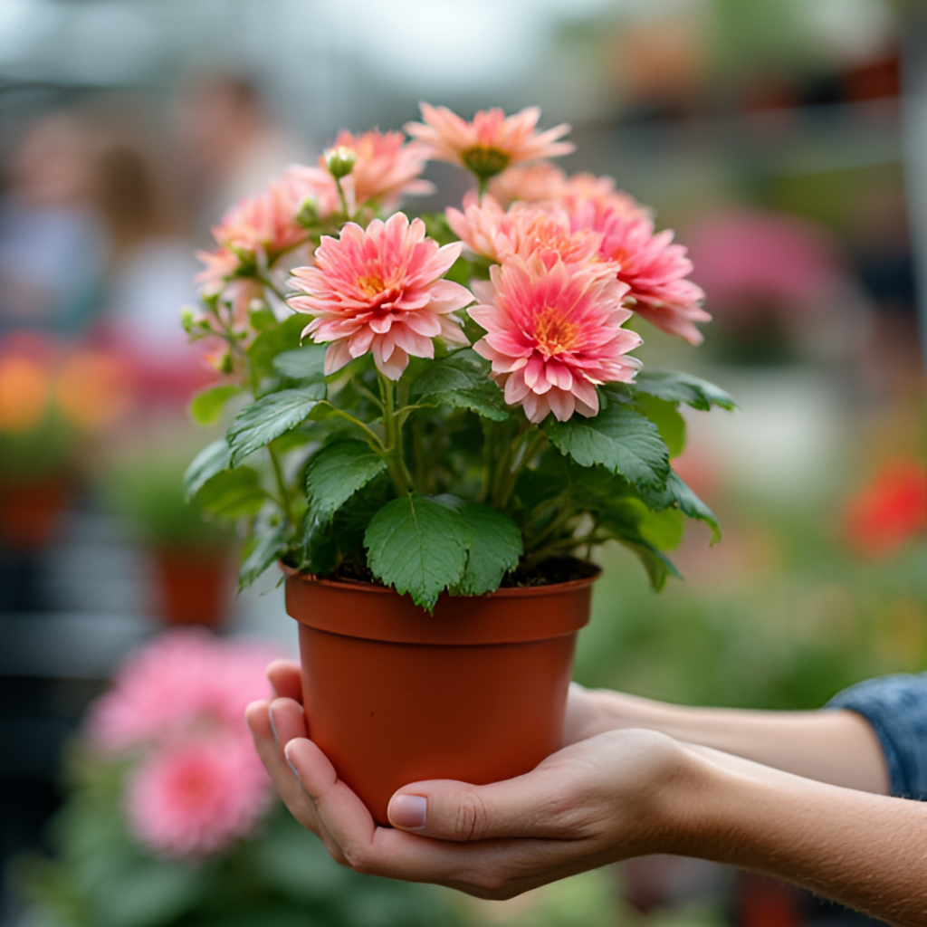 A close-up shot of hands holding a potted plant with beautiful blooms purchased at a flower exhibition, with blurred background showing other plants and people.