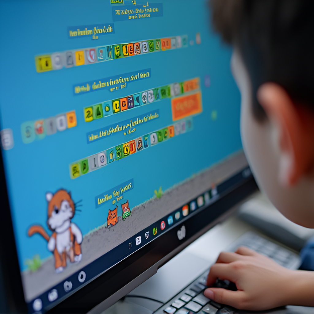 A close-up shot showing the Scratch programming interface on a computer screen, with colorful code blocks being connected like puzzle pieces by a hand. A Scratch sprite (like the cat character) is visible on the stage area of the interface.