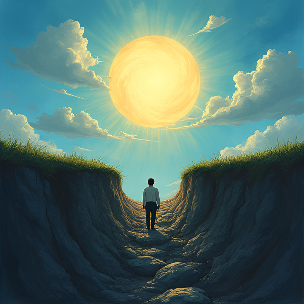 An illustration depicting a person climbing out of a dark, metaphorical hole towards a bright, hopeful sky, symbolizing personal growth through challenges.