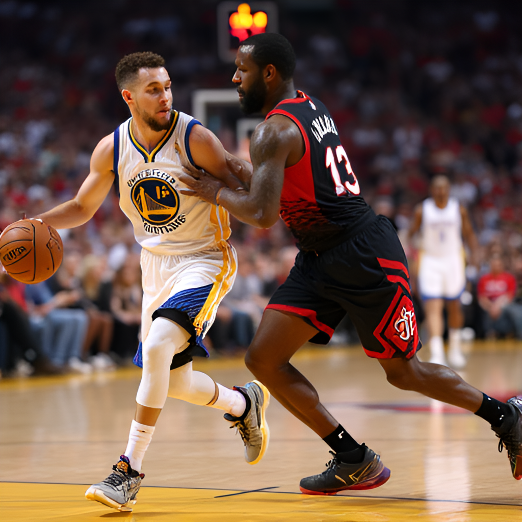 A dynamic action shot from a Warriors vs Rockets playoff game, focusing on key players battling for the ball or attempting a crucial shot, conveying the intensity and high stakes of their matchups.