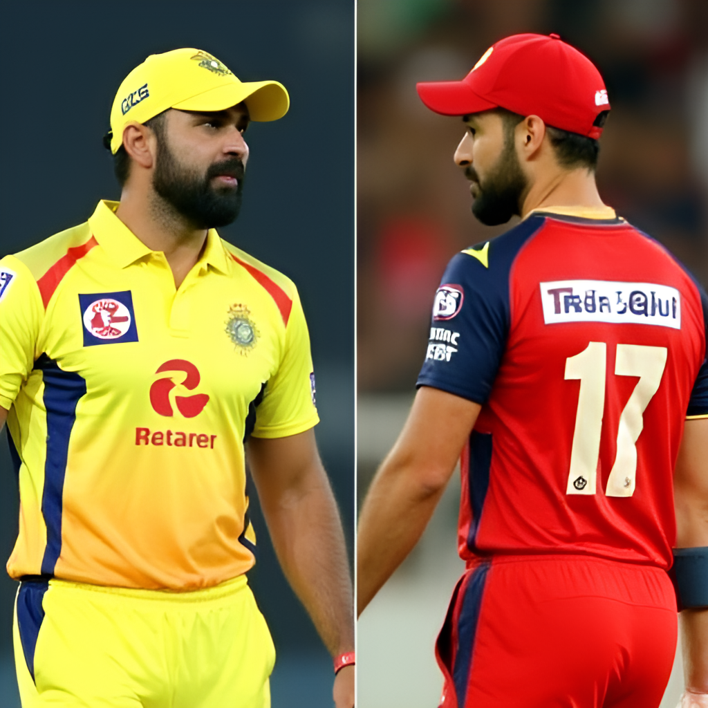 A split image showcasing the two captains, MS Dhoni and Virat Kohli, in their respective team jerseys (CSK yellow and RCB red), perhaps shaking hands or in a moment of friendly rivalry on the field.