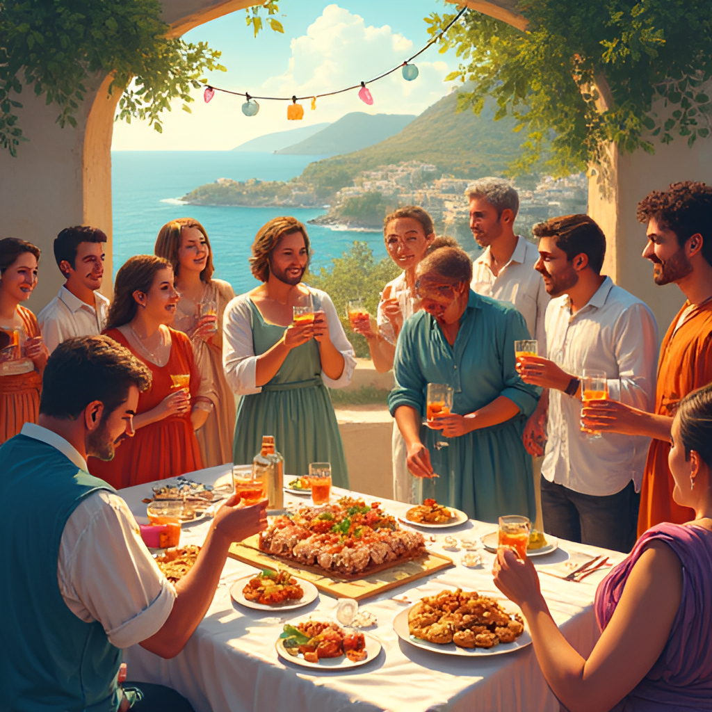 A vibrant illustration depicting a gathering of people celebrating an 'onomastiki eorti' (name day) in a traditional Greek setting, with food, drinks, and people exchanging wishes and gifts