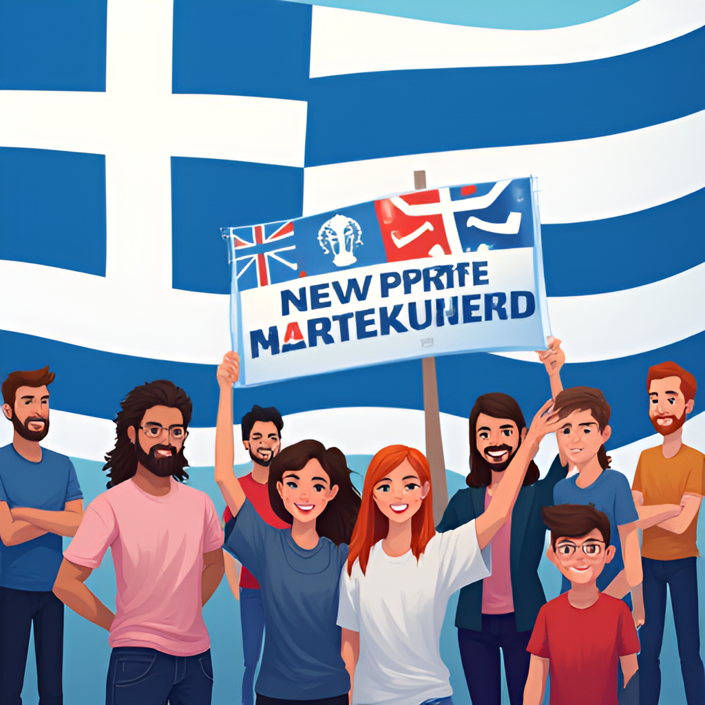 An image illustrating the concept of a new political movement, perhaps featuring a group of diverse people holding banners with a symbolic new party logo, against a backdrop of the Greek flag