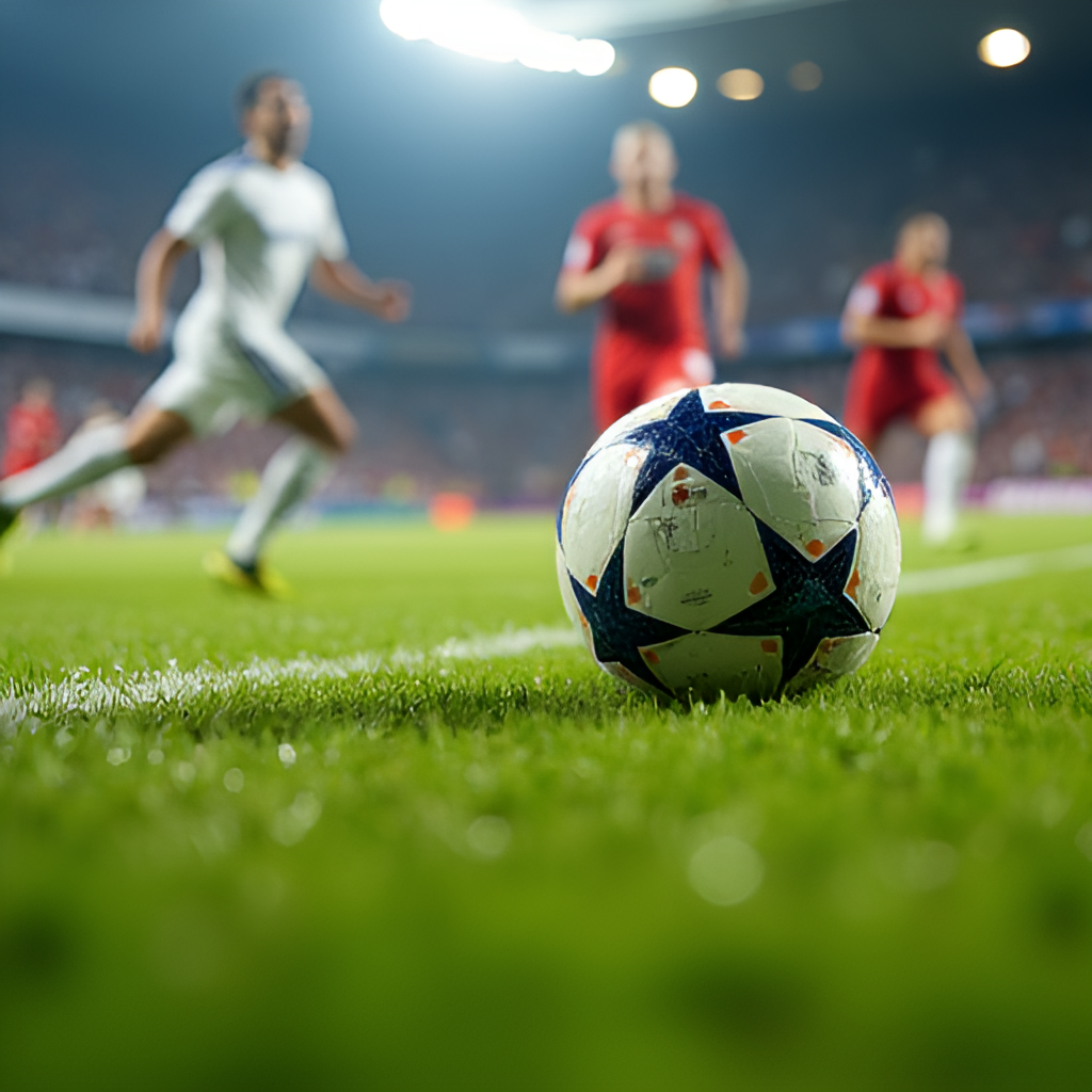A close-up, dynamic shot capturing the intensity of the game on the pitch, possibly a player in action or a close-up of the ball during a match, conveying the excitement of a football final.