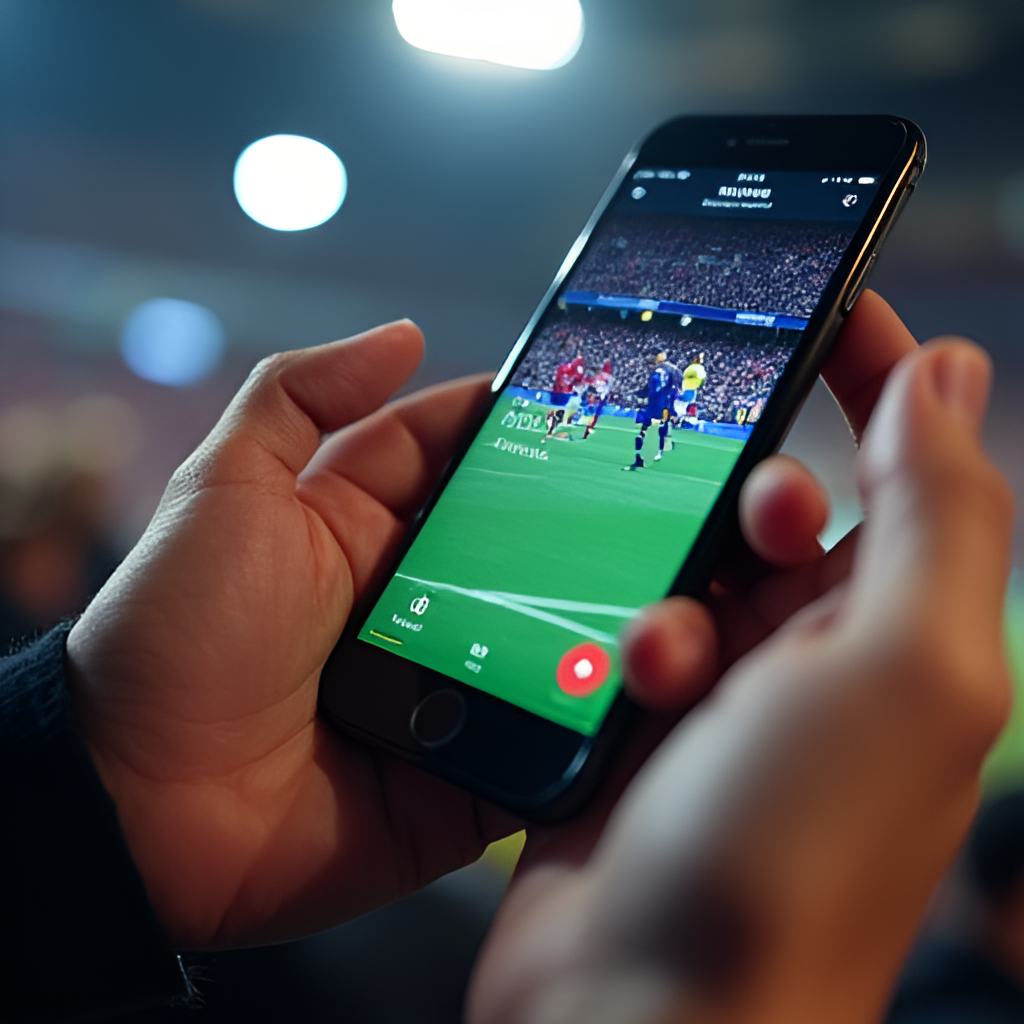 A close-up on hands holding a smartphone displaying a sports betting app during a live game. The background is slightly blurred, suggesting a dynamic environment like a stadium or a bar, emphasizing mobile betting.