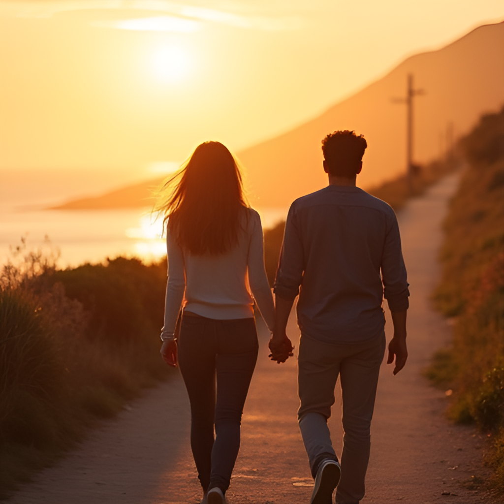 Two people walking side-by-side along a scenic coastal path at sunset, looking relaxed and happy, implying a successful and enjoyable first date or early stage of dating