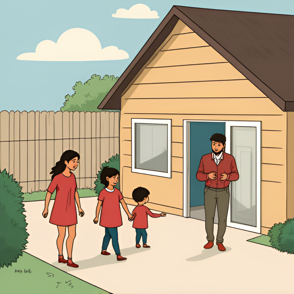 An illustrative image depicting a family (adults and possibly children) practicing a fire escape plan from a house, showing different exit routes and a designated safe meeting point outside.