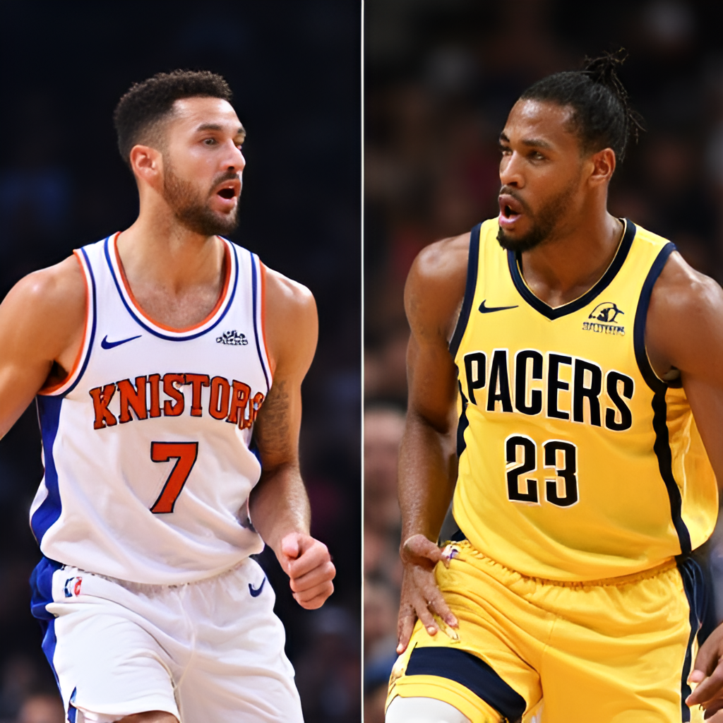 A split image showing the modern stars of the Knicks-Pacers rivalry, Jalen Brunson for the Knicks and Tyrese Haliburton for the Pacers, in action during a recent playoff game, capturing the intensity and skill of the current era.