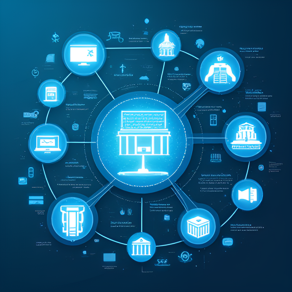 A conceptual image representing data flow and organization, with abstract lines and nodes connecting icons related to teachers, schools, and government systems, conveying efficiency and information management, in a digital art style.
