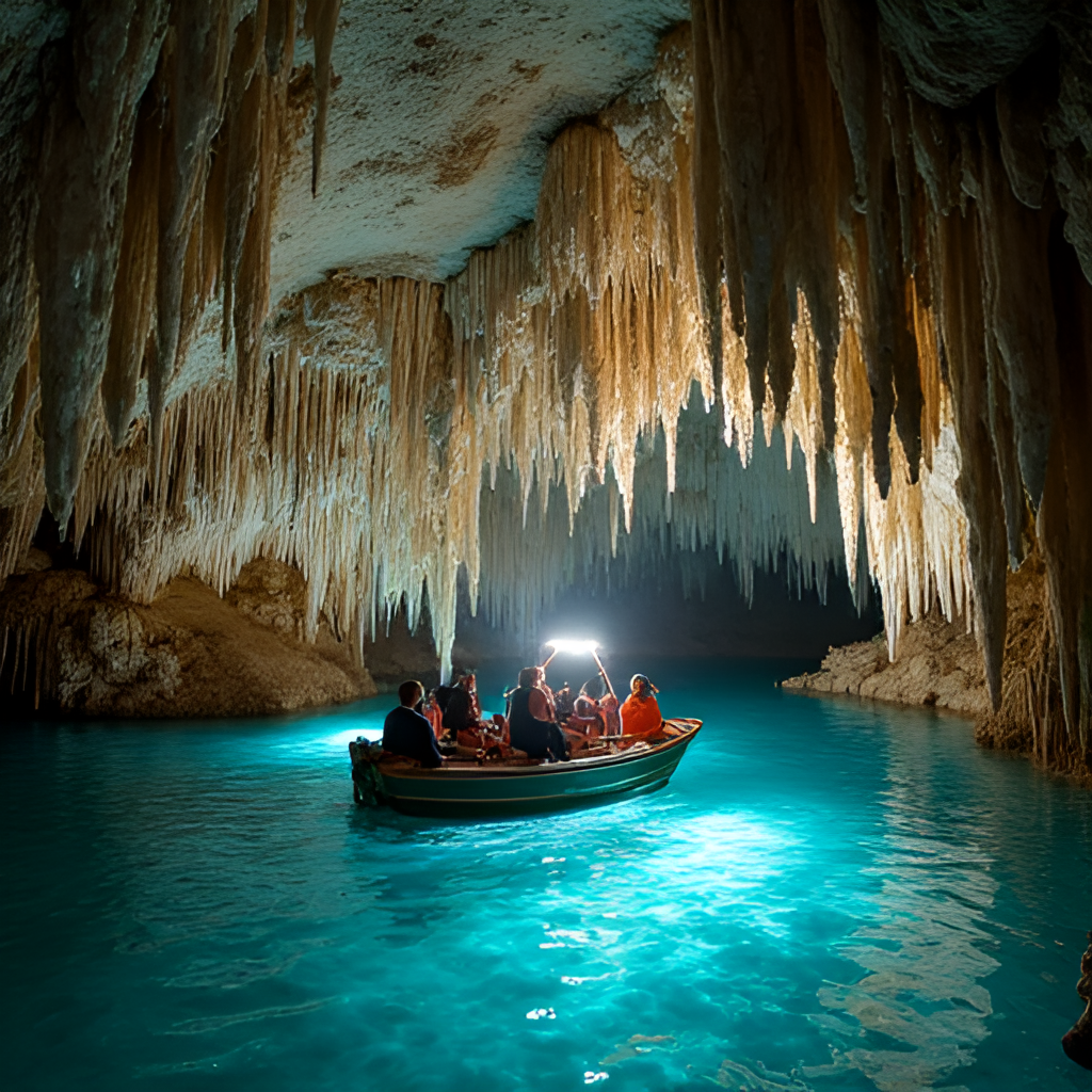 A boat tour inside the Diros Caves in Mani, Greece, showing intricate stalactites and stalagmites illuminated by soft lights, with clear turquoise water below and visitors in a small boat, mystical and serene atmosphere