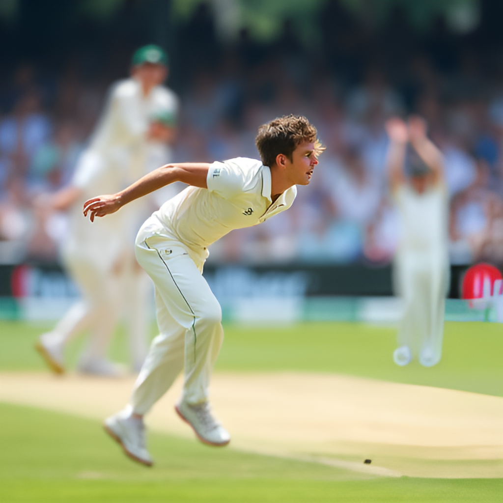 A close-up action shot of a bowler mid-delivery or a fielder making a catch during a cricket match, emphasizing focus and athleticism. The background should suggest a stadium atmosphere.