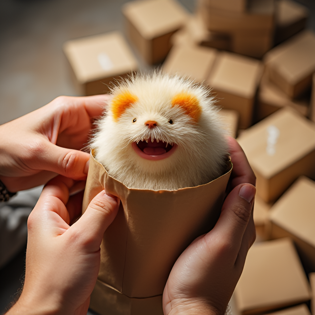 A dynamic scene capturing the excitement of opening a blind box, with hands carefully unwrapping a Labubu figure, showing the fuzzy texture and mischievous smile, surrounded by other blind boxes.