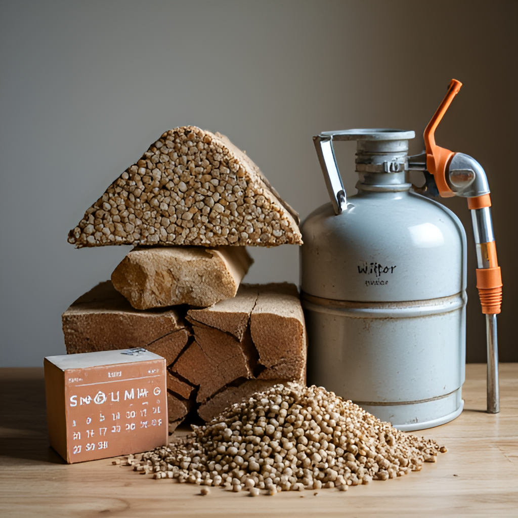 A stack of varying types of heating fuels (e.g., a small pile of wood, pellets, a canister representing gas, a fuel pump nozzle) next to a calendar highlighting winter months. Style: Realistic photography with soft lighting.