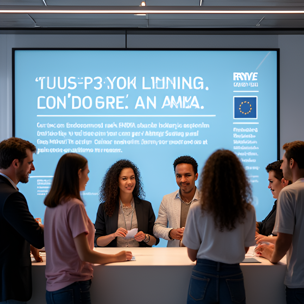 A diverse group of people interacting with staff at a brightly lit KEP (Citizen Service Center) counter in Greece, symbolizing the in-person process of obtaining an AMKA.