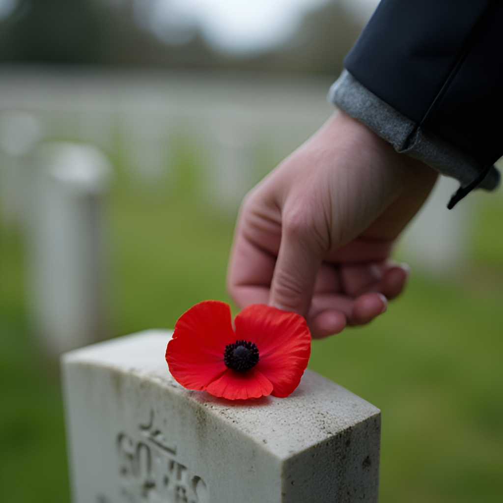 A close-up, poignant photo of a hand gently placing a red poppy flower on a gravestone in a military cemetery, with blurred gravestones in the background.