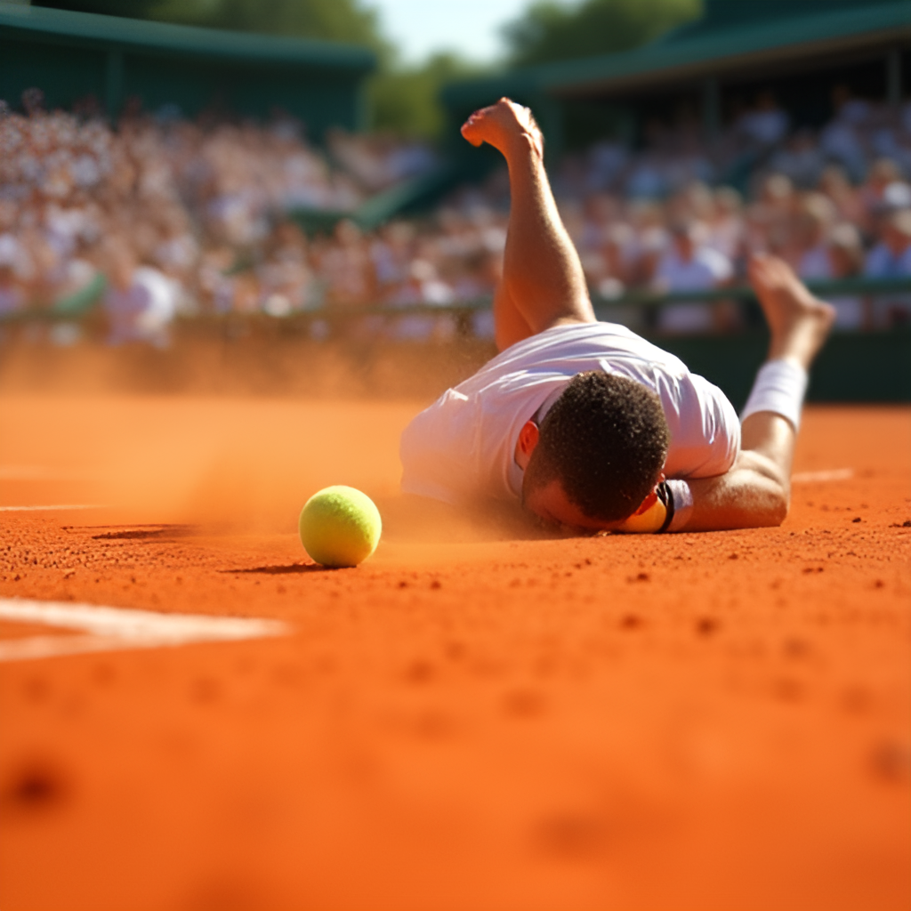 A close-up, action shot of a tennis player sliding on the red clay court during a match at Roland Garros, kicking up dust, with blurred spectators in the background.