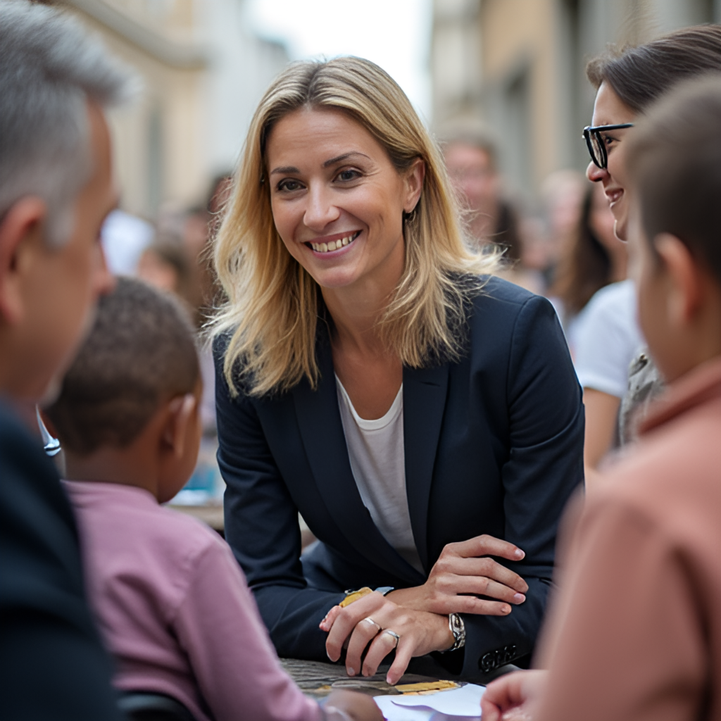 Brigitte Macron engaged in a public event related to her charity work, perhaps interacting with children, people with disabilities, or healthcare professionals. She should appear approachable and engaged in her work.