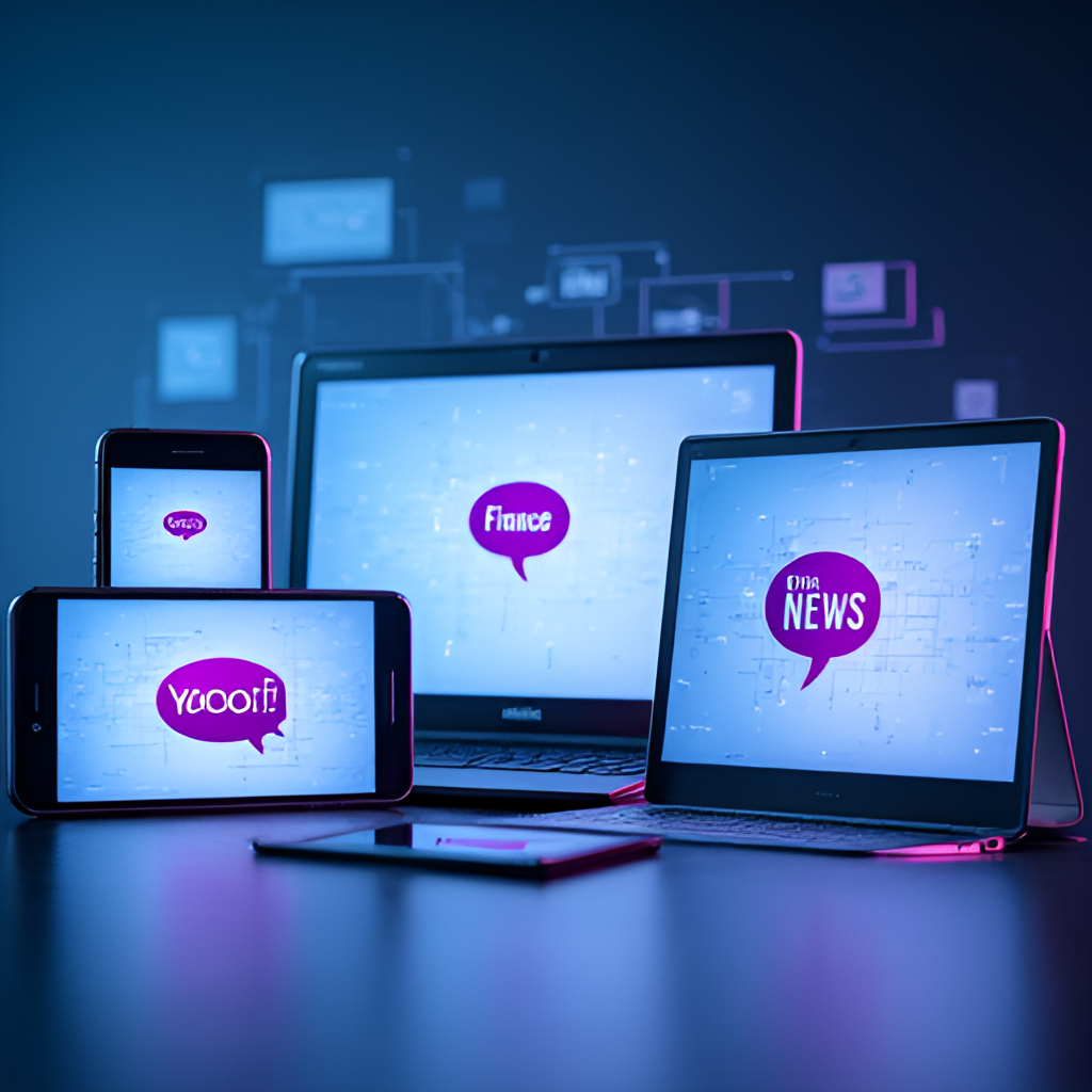 A modern visual showing various Yahoo service logos (Mail, Finance, News) displayed on multiple devices (smartphone, tablet, laptop) against a subtle digital background, symbolizing its current presence and services.