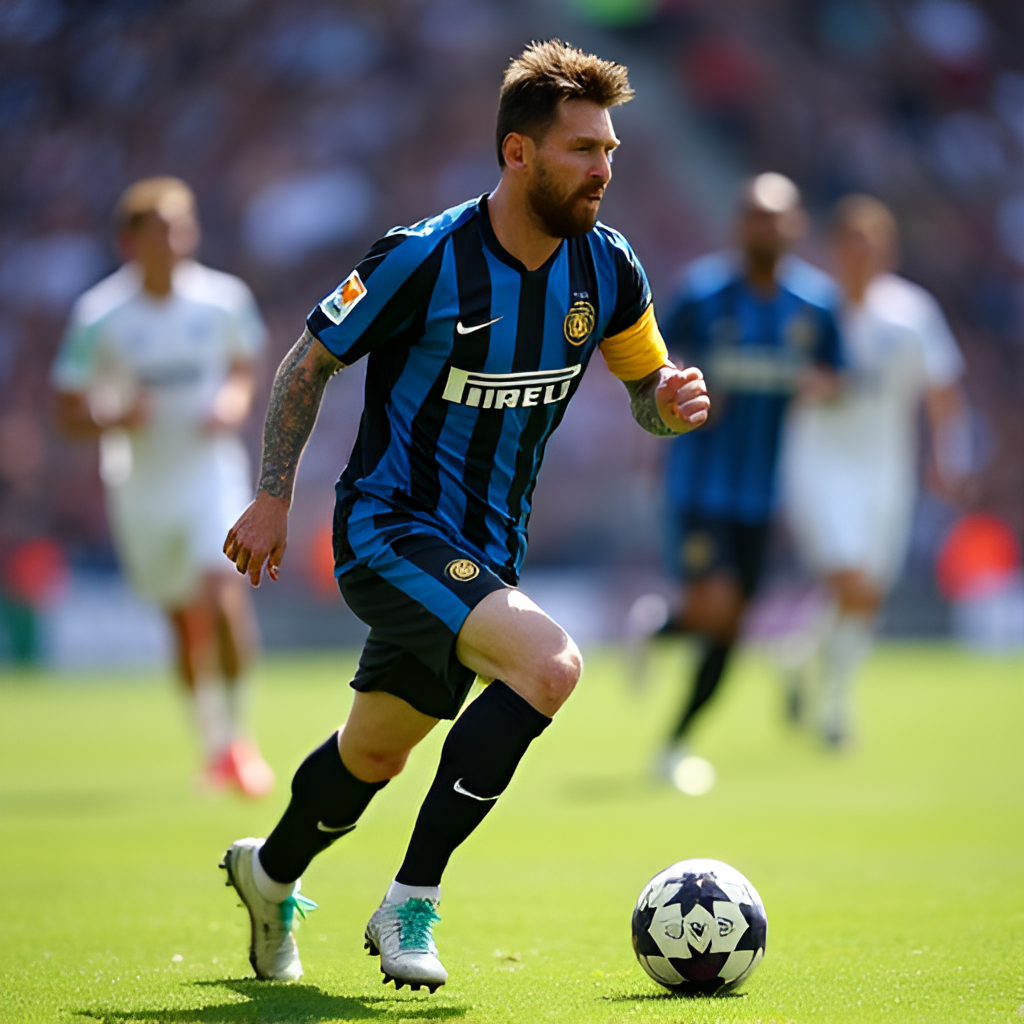 A dynamic action shot of Lionel Messi in an Inter Miami CF kit dribbling the ball on the field during a match, with other players in the background.