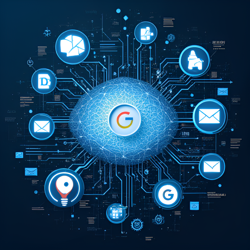 A futuristic and slightly abstract illustration showing the integration of Artificial Intelligence (AI) into Google services, with elements like neural networks, data streams, and icons representing various Google products (Search, Maps, Gmail, etc.) converging, highlighting the future of Google with AI, possibly featuring the Gemini logo subtly integrated.