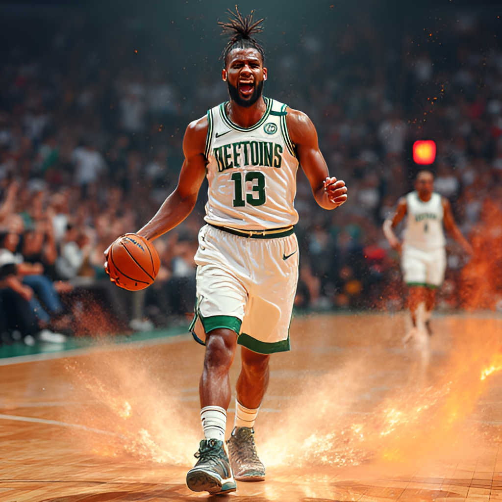 A dynamic photo illustration of Giannis Antetokounmpo celebrating a key play during the 2021 NBA Finals, capturing his energy and the excitement of the moment.