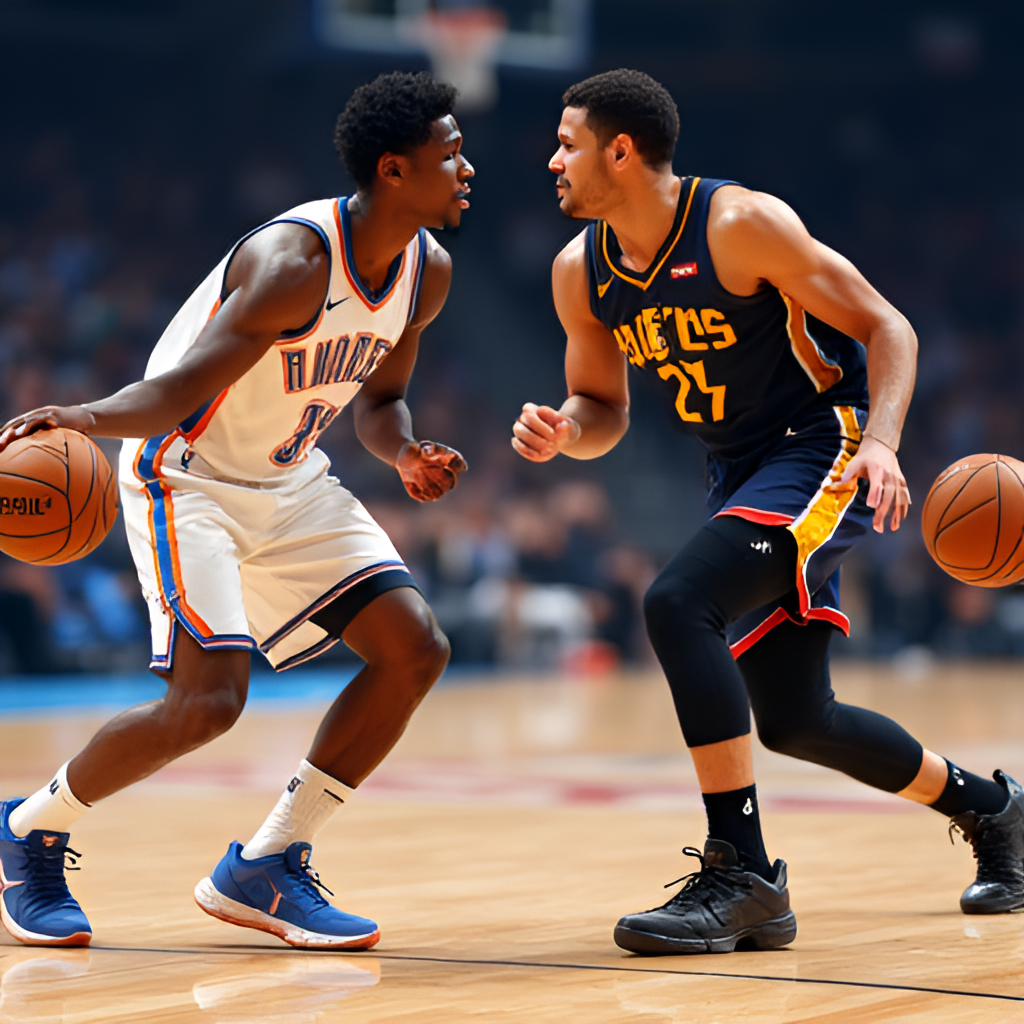 A composite image showing the key players of the 2025 NBA Finals, Shai Gilgeous-Alexander of the Thunder and Tyrese Haliburton of the Pacers, facing off on a basketball court.