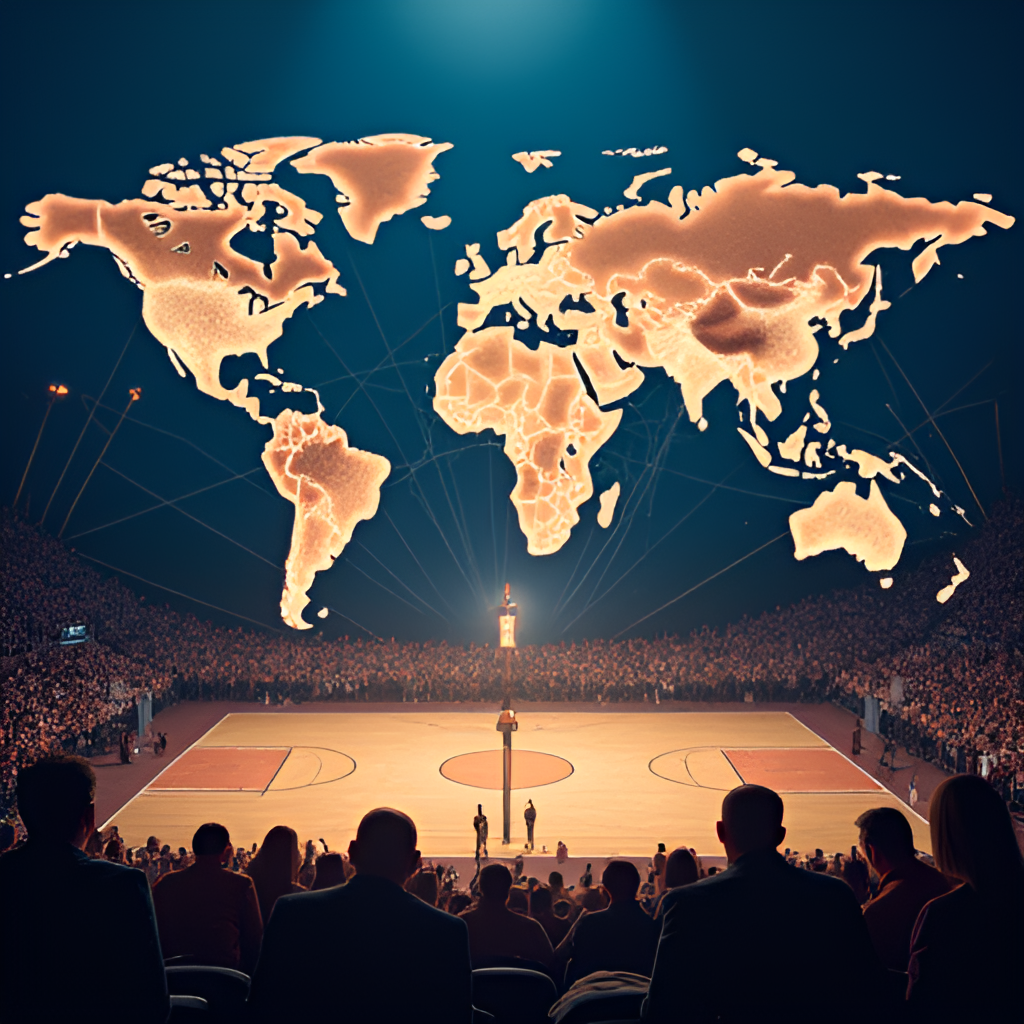 A global map with lines connecting major cities to a basketball court at the center, symbolizing the worldwide reach and cultural impact of the NBA Finals, with diverse fans watching.