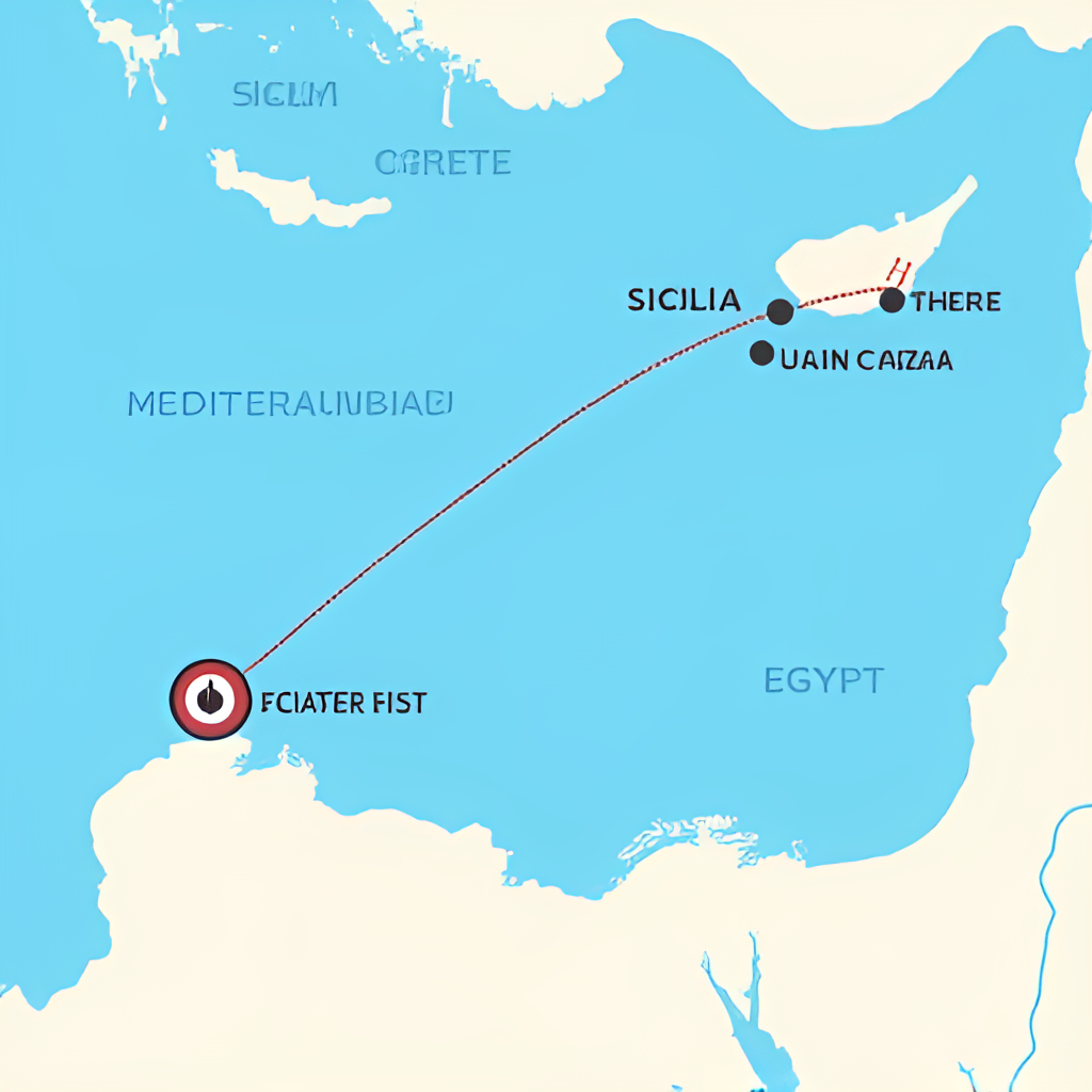 An illustrative graphic showing a map of the Mediterranean Sea with a dotted line representing the route of the Madleen ship towards Gaza, highlighting key points mentioned in the article like Sicily, Crete, and the coast of Egypt, with a small icon representing the tracker signal.