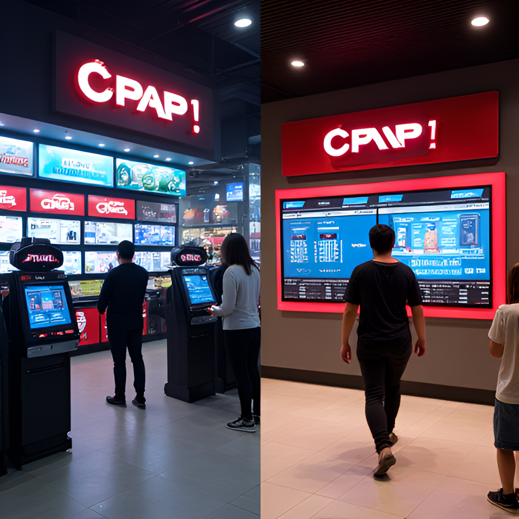 An image of a modern OPAP betting shop interior with people casually engaging with terminals, or a split image showing a physical shop and a person using the OPAPP mobile app.
