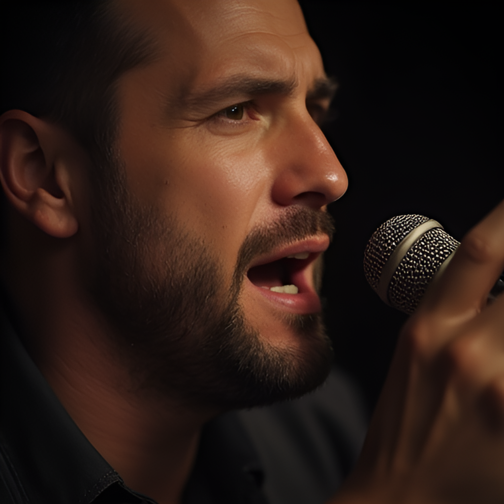A close-up, emotional portrait of a male singer in a recording studio or on a smaller, intimate stage, conveying passion and sincerity. The singer should again resemble Nikos Oikonomopoulos, focusing on his facial expression and connection to the music.
