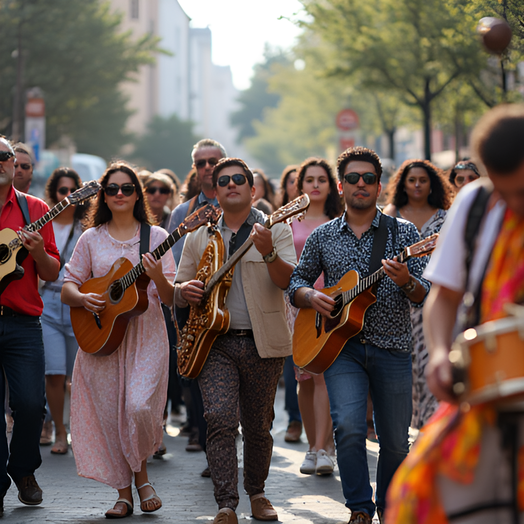 A vibrant street scene filled with diverse musicians playing various instruments, celebrating World Music Day in a lively urban environment