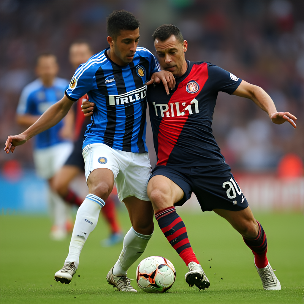 A dynamic close-up shot capturing the intensity of a football tackle between a player in Inter Milan's kit and a player in River Plate's kit during a match, focusing on the ball and players' expressions