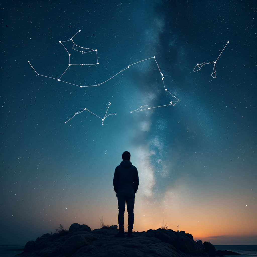 A symbolic image showing a person looking up at a starry sky with constellations, representing contemplation or seeking guidance from astrology for the day.