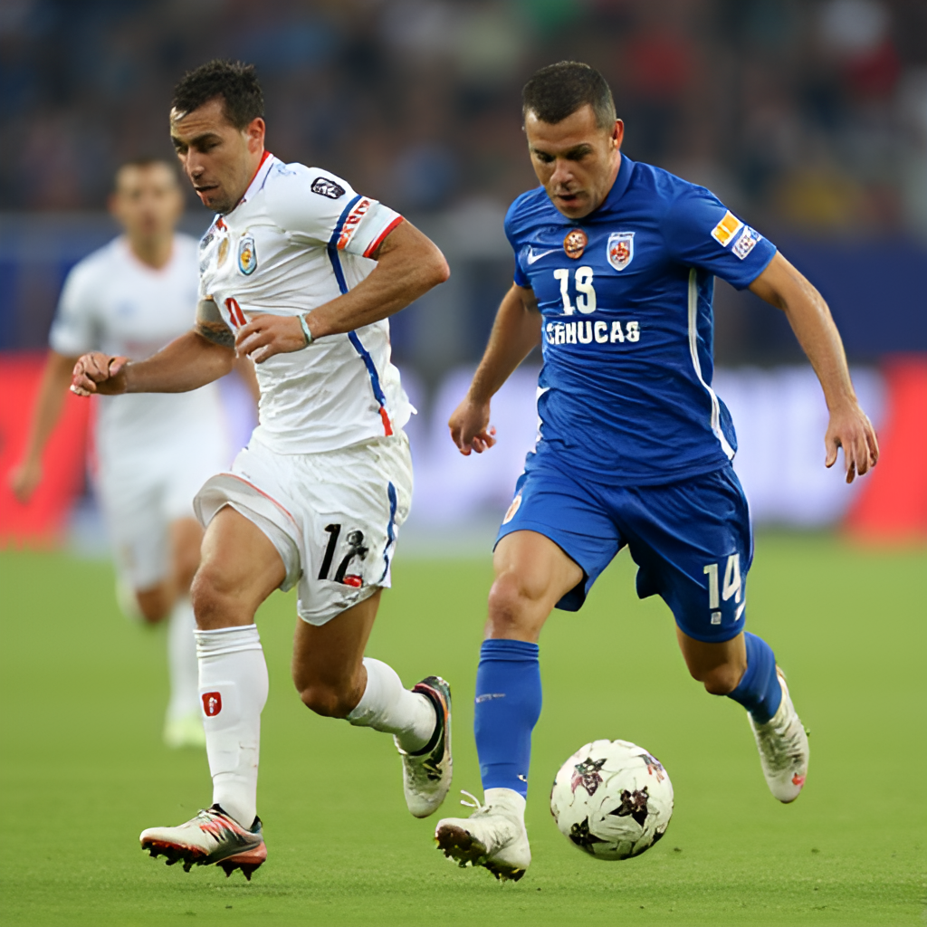 A close-up action shot of a key player from either Al Hilal or Pachuca dribbling or shooting, capturing the intensity of the game with a blurred background.